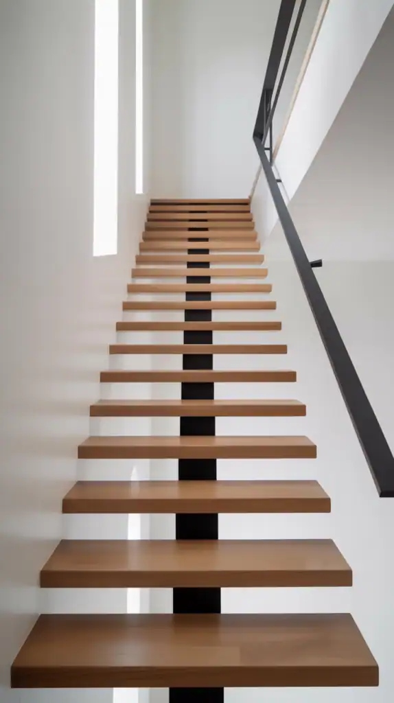 A staircase with open risers, floating wood treads, and a minimal black railing against a white wall.