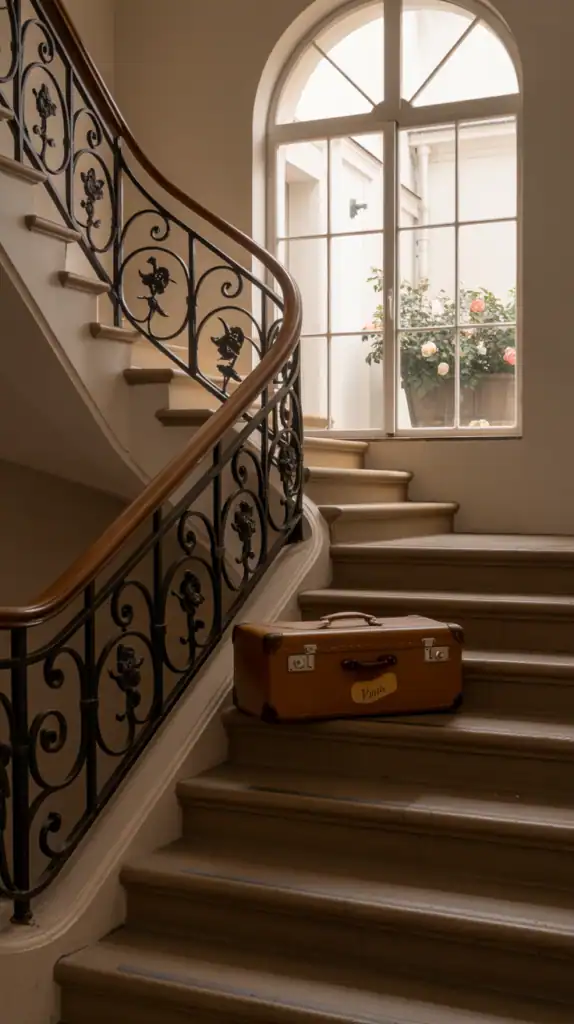 A classic staircase with black wrought iron railings and medium-toned wood treads leading up to a bright landing.
