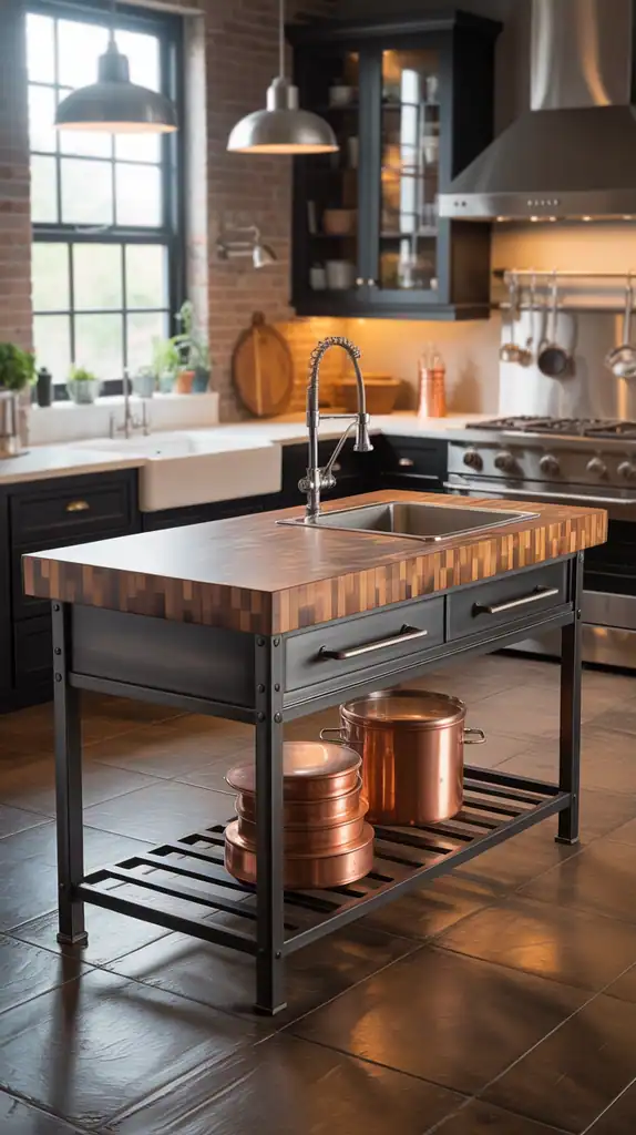 Industrial kitchen island with metal frame and wood top