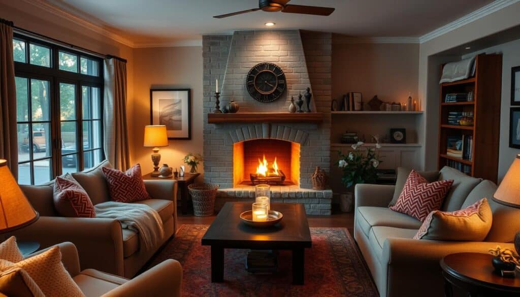 Inviting fireplace living room with comfortable seating and warm lighting