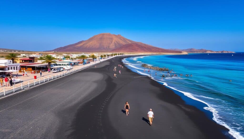 Kamari Beach with its distinctive black sand, blue waters, and beach facilities with Mount Mesa Vouno in the background