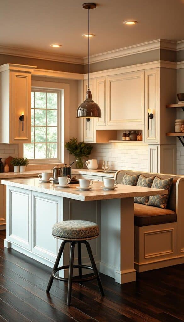 Kitchen island with built in bench seating and table extension