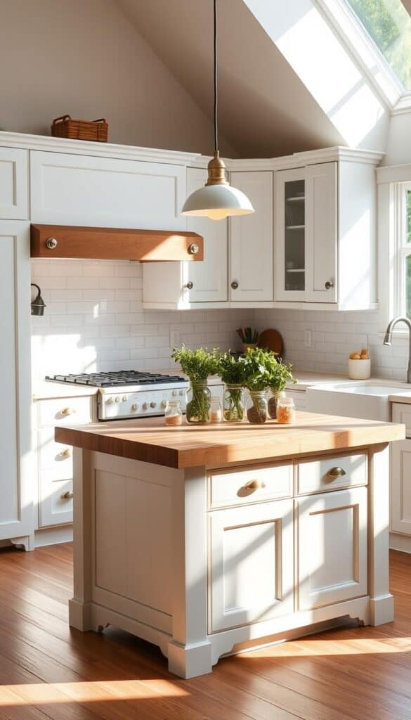 Kitchen island with butcher block top and white cabinets