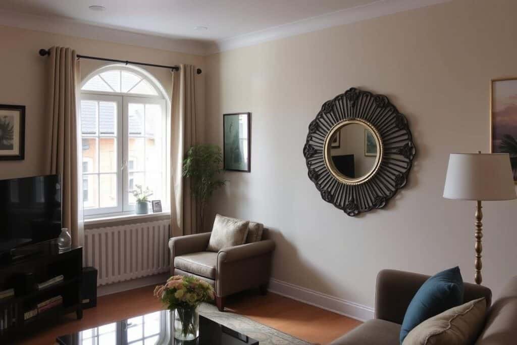 Large mirror strategically placed in a small living room to reflect light and create visual space