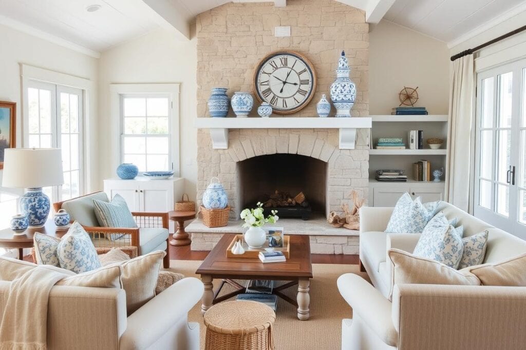 Light stone fireplace with blue and white coastal decor elements