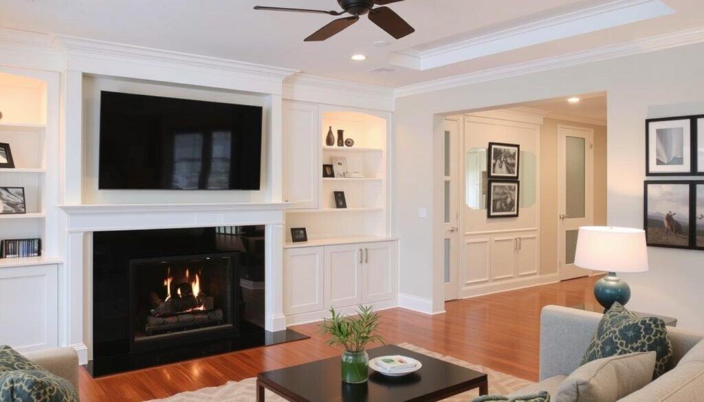 Living room with TV mounted above fireplace in a balanced, aesthetic arrangement