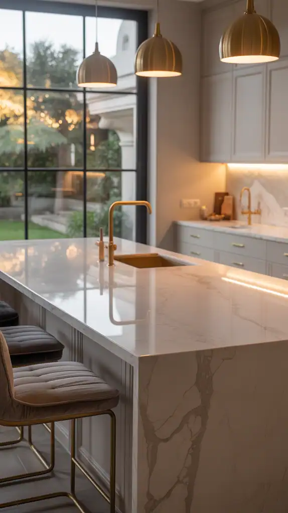 Luxury kitchen with white marble island countertop and gold fixtures