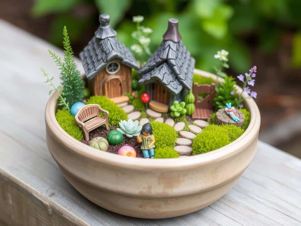 Miniature fairy garden with tiny houses and accessories among small plants