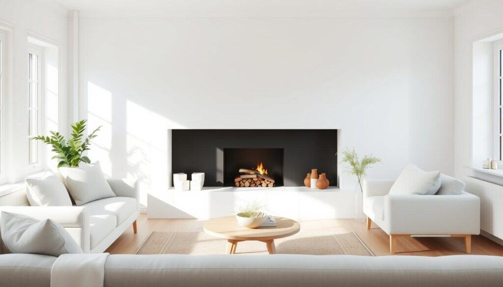 Minimalist white fireplace with clean lines in a bright Scandinavian-style living room