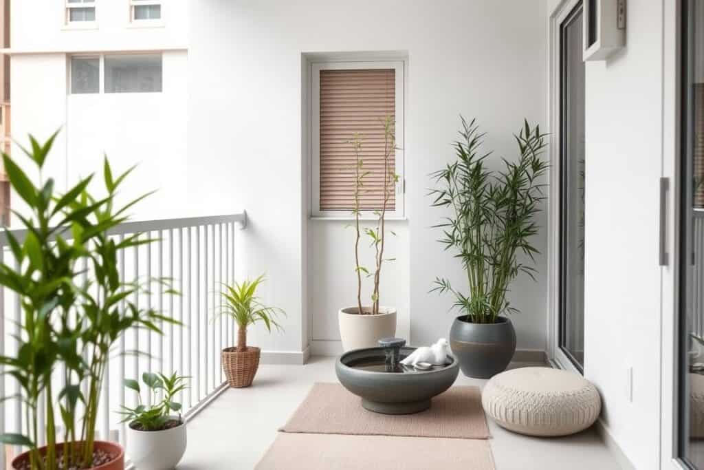 Minimalist zen-inspired small apartment balcony with bamboo plants and simple design