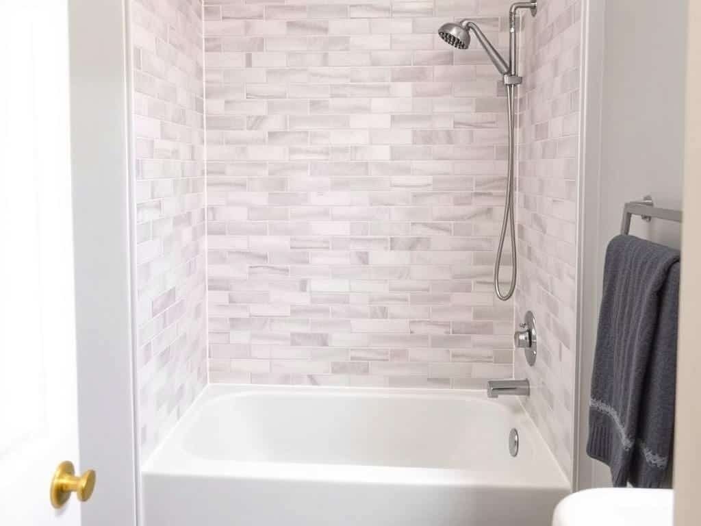Modern alcove tub-shower combo with updated fixtures for small bathrooms