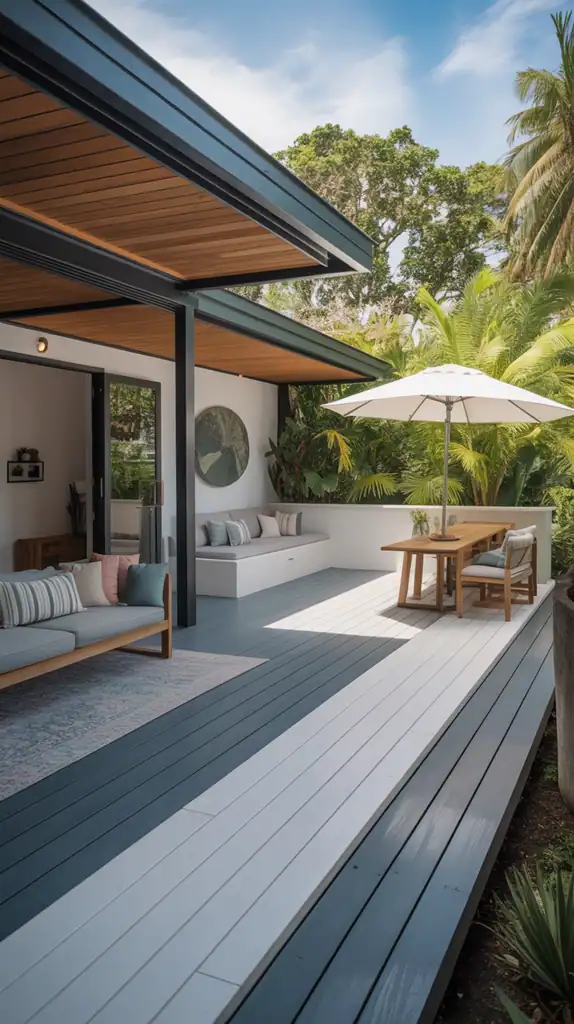 Modern deck with slate gray and crisp white stain combination