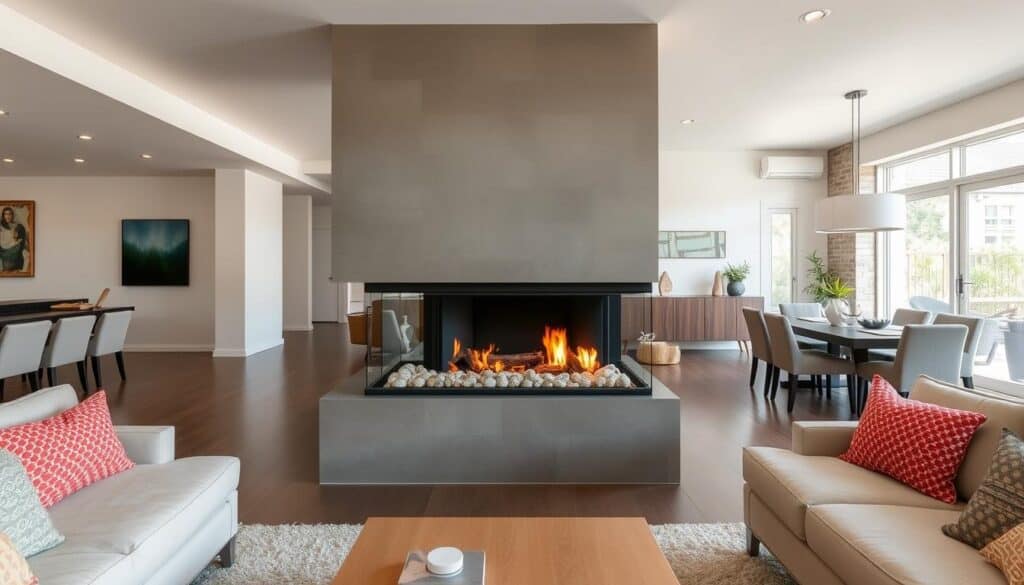 Modern double-sided fireplace dividing living and dining areas