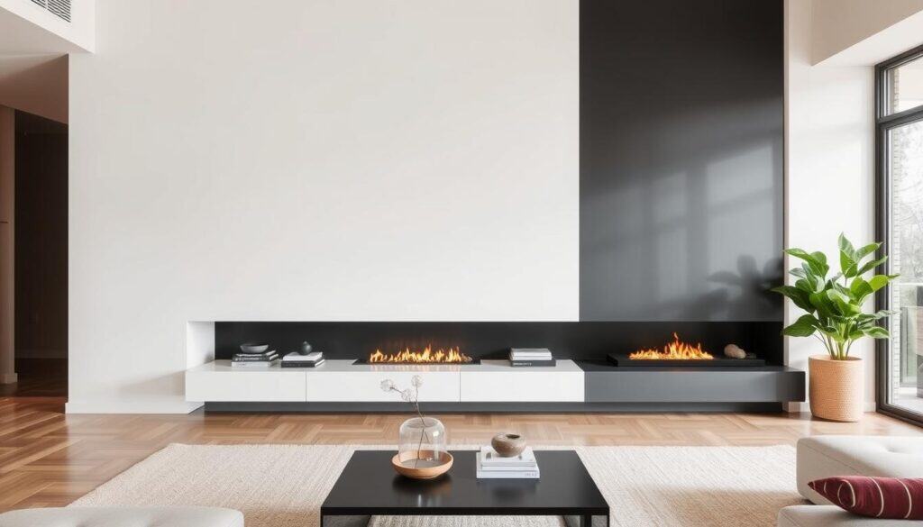 Modern fireplace with a floating hearth in a minimalist living room