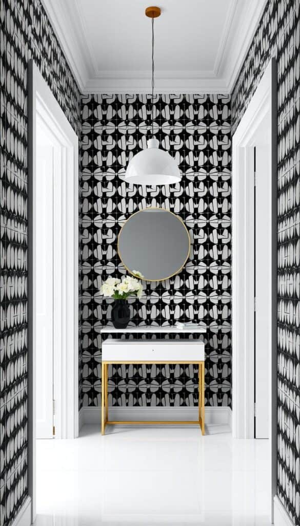 Modern hallway with black and white geometric wallpaper and minimalist decor