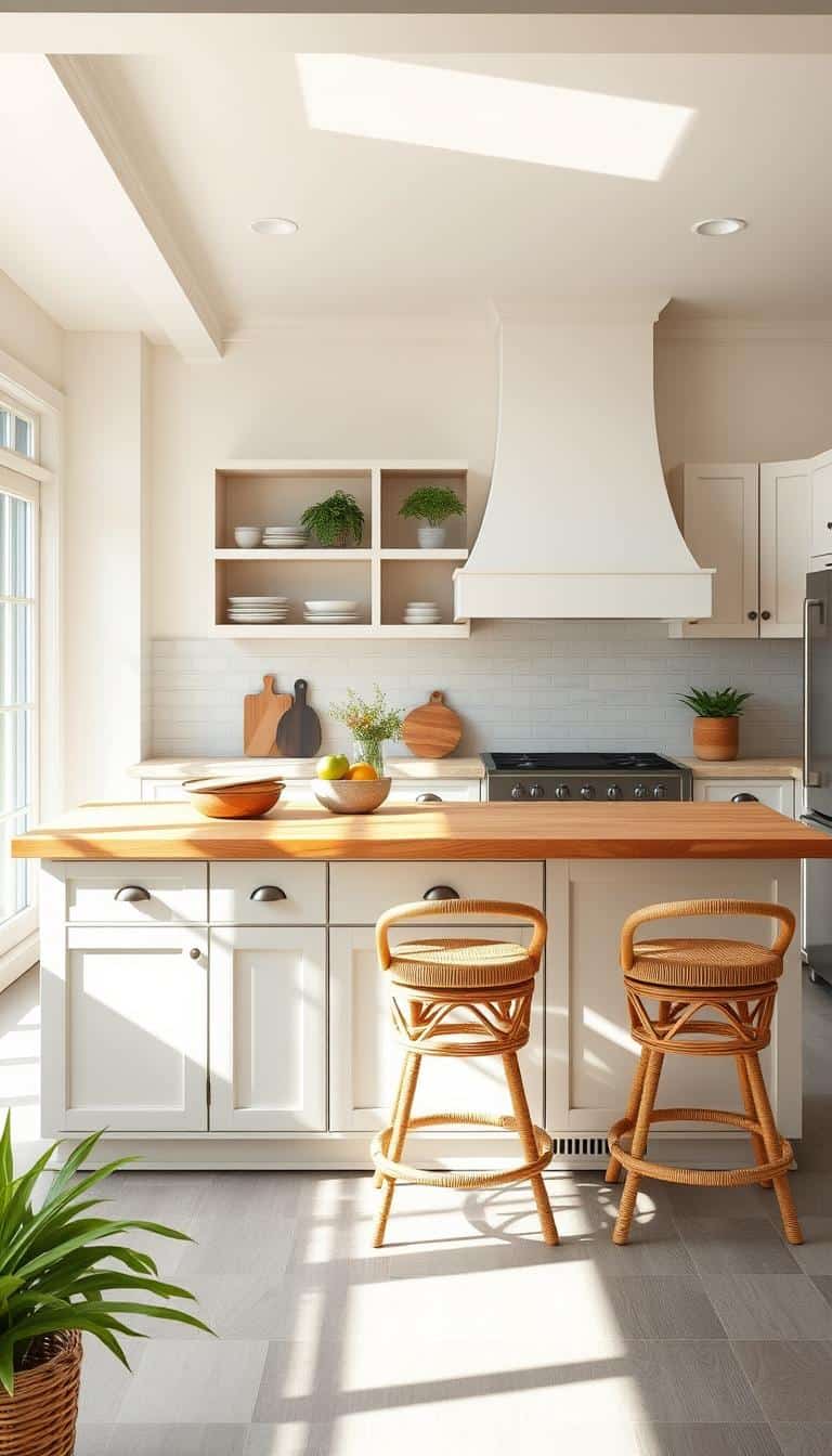 Modern kitchen with a stylish island featuring extra storage and seating