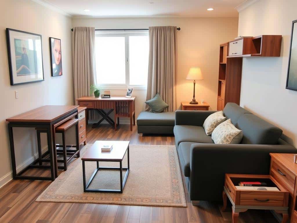 Multi-functional furniture pieces in a small living room including nesting tables and convertible sofa
