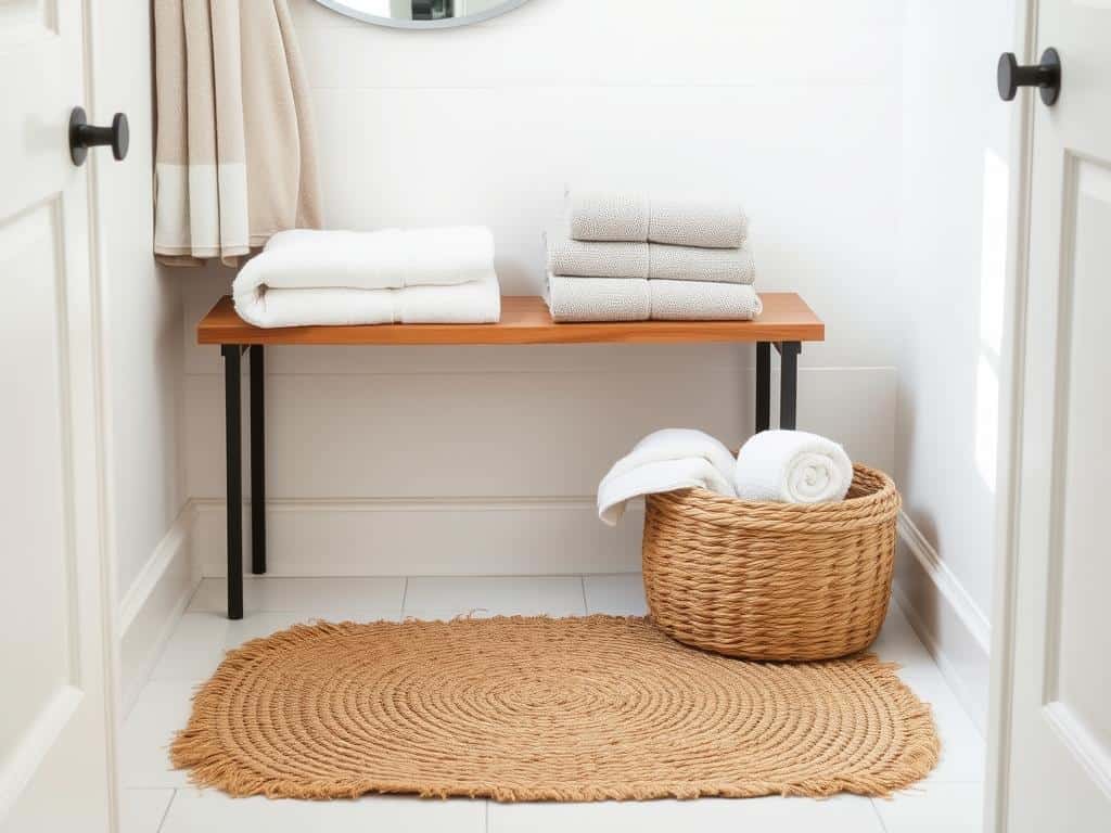 Natural jute rug and linen towels in a small modern farmhouse bathroom