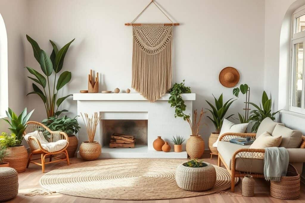 Neutral-toned fireplace with layered textural elements in a bohemian living room