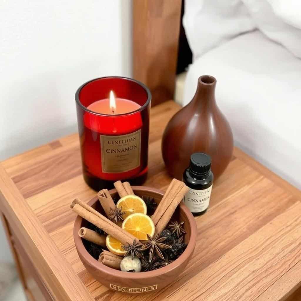 Nightstand with cinnamon-scented candles and small wooden bowl of potpourri