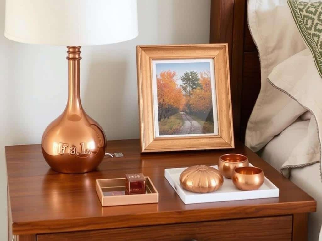Nightstand with copper lamp, frame, and small decorative objects