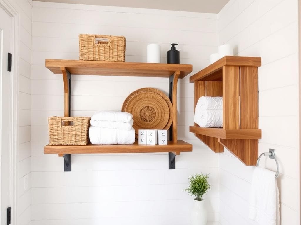 Open shelving with woven baskets in a small modern farmhouse bathroom