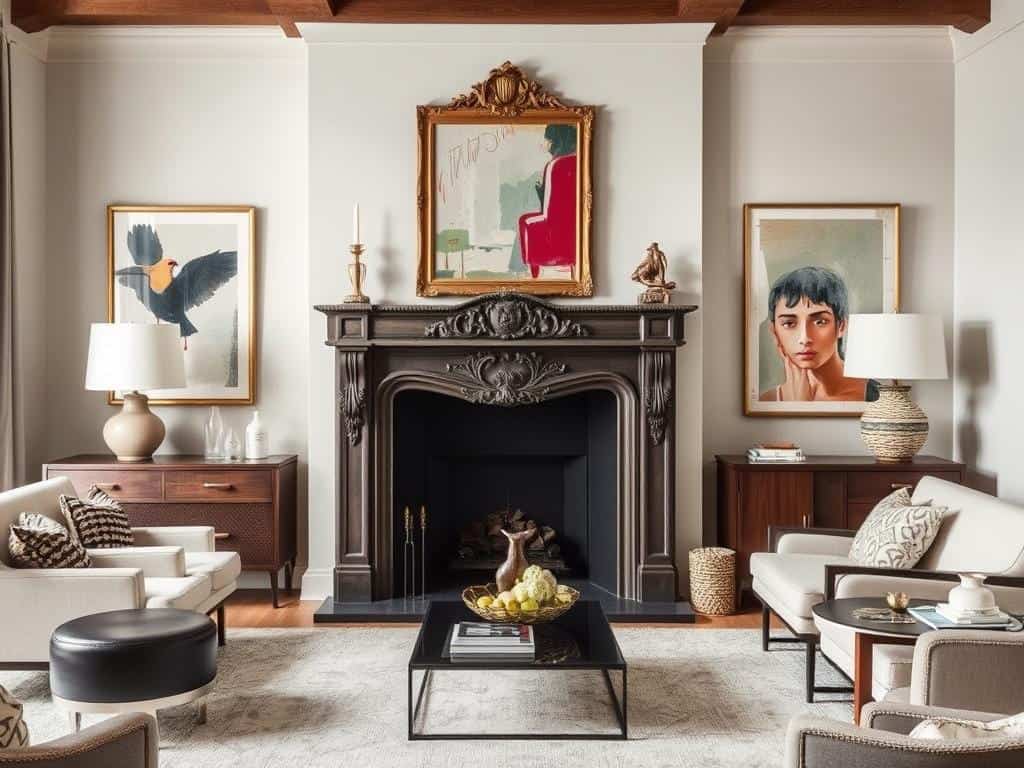 Ornate vintage fireplace mantel in a contemporary living room setting