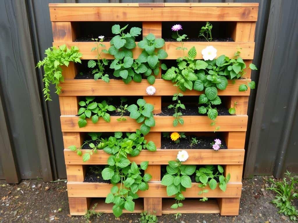 Pallet vertical garden with herbs and flowers growing in spaces between slats