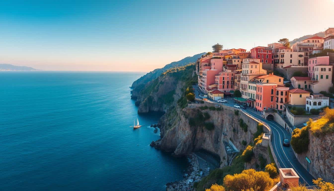 Panoramic view of colorful Amalfi Coast towns perched on cliffs overlooking the Tyrrhenian Sea