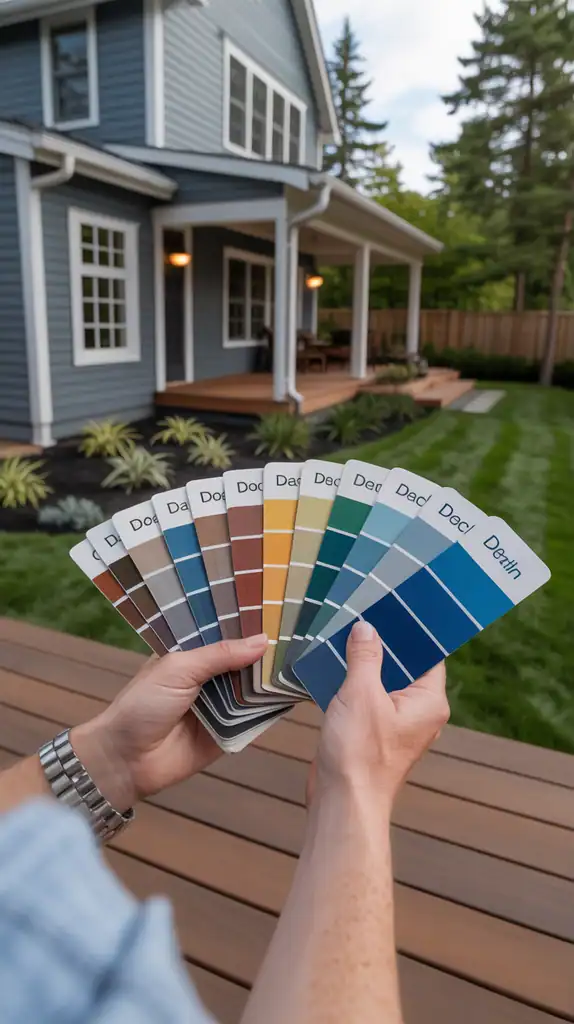 Person comparing deck stain color samples against home exterior and landscaping