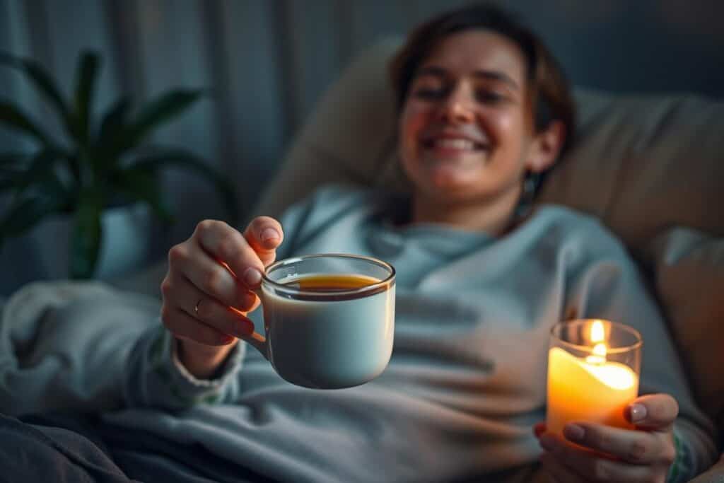 Person enjoying calming evening tea ritual for hormone balance