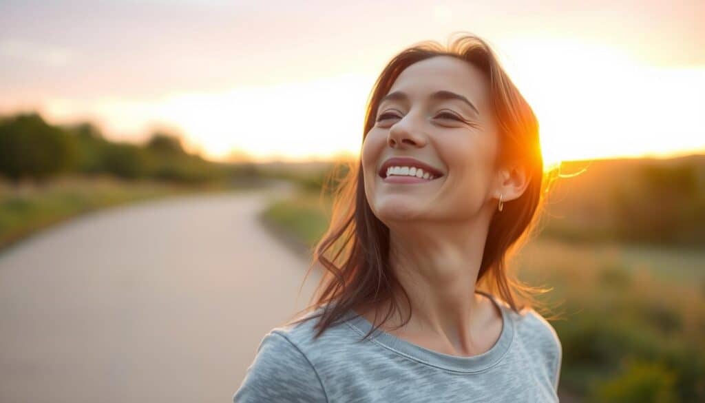 Person enjoying sunrise outdoors, representing wellbeing from a daily routine for hormone balance