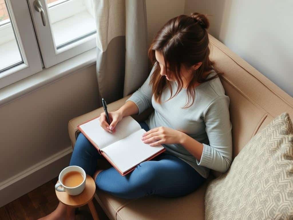 Person journaling in a quiet corner as stress management for hormone balance