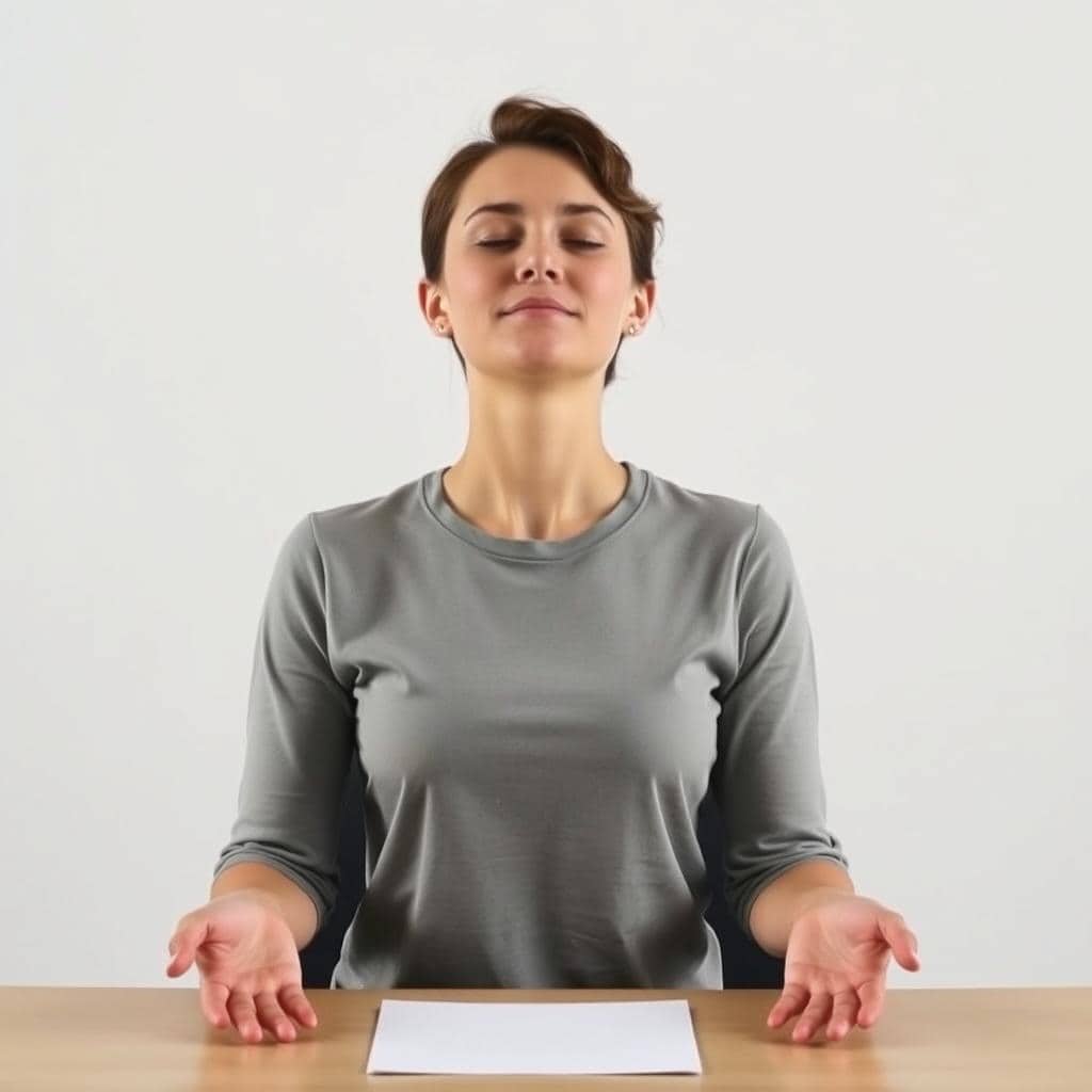 Person practicing deep breathing at desk, supporting daily routine for hormone balance