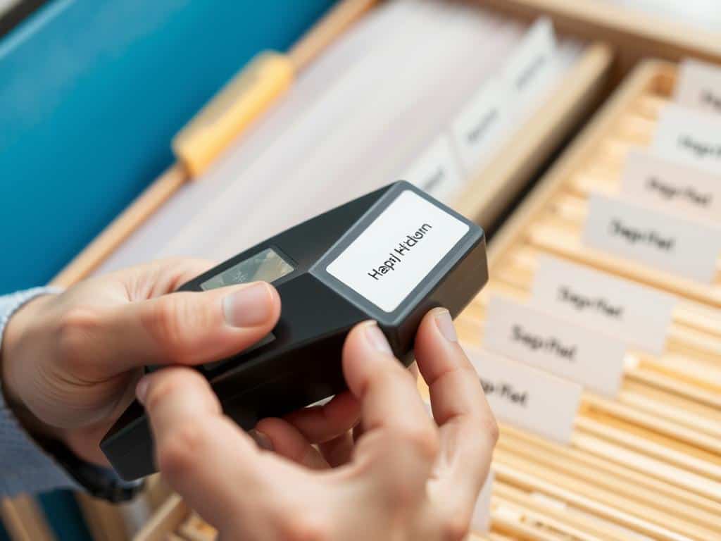 Person using label maker for filing system