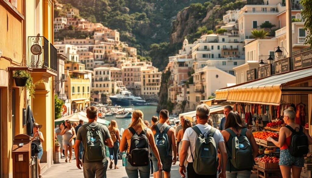 Positano's picturesque cliffside, bathed in warm, golden sunlight during the shoulder season. In the foreground, a group of travelers explore the town's charming alleyways, carrying backpacks and toting reusable water bottles, embodying the budget-friendly spirit. The middle ground showcases local vendors selling freshly-picked produce and artisanal crafts at reduced prices. In the background, the iconic pastel-colored buildings cascade down the hillside, their vibrant hues complemented by the sparkling azure of the Tyrrhenian Sea. A sense of tranquility and authentic Italian ambiance pervades the scene, inviting viewers to imagine the joys of discovering Positano's beauty without the crowds and high-season prices.