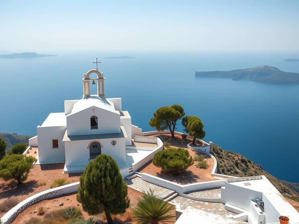 Profitis Ilias Monastery at the highest point of Santorini with panoramic views of the entire island
