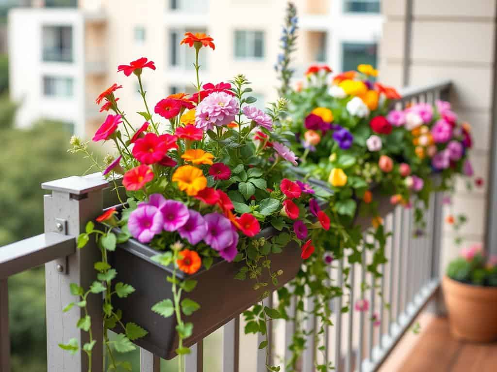 Railing planters filled with colorful flowers and trailing plants