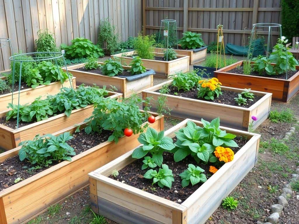 Raised garden beds with various vegetables and flowers growing