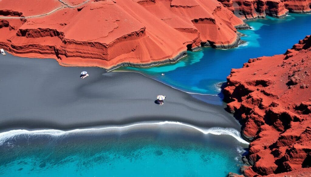Red Beach in Santorini with dramatic red volcanic cliffs and deep blue waters