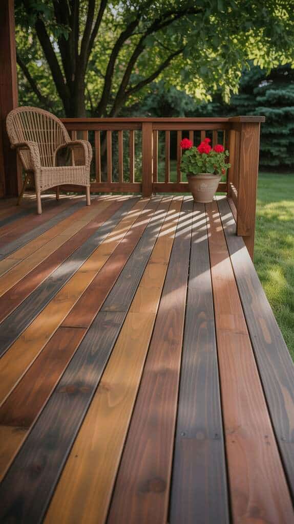 Rustic deck with cedar and walnut two-tone stain combination