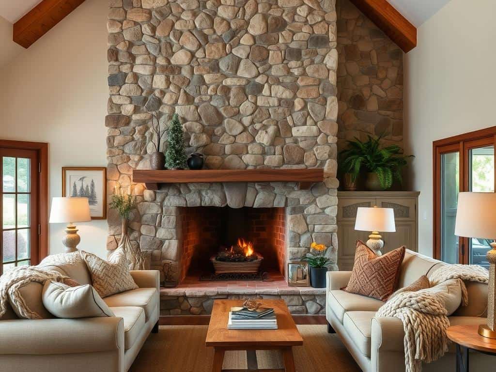 Rustic stone fireplace with chunky knit throws and wooden accents in a warm-toned living room
