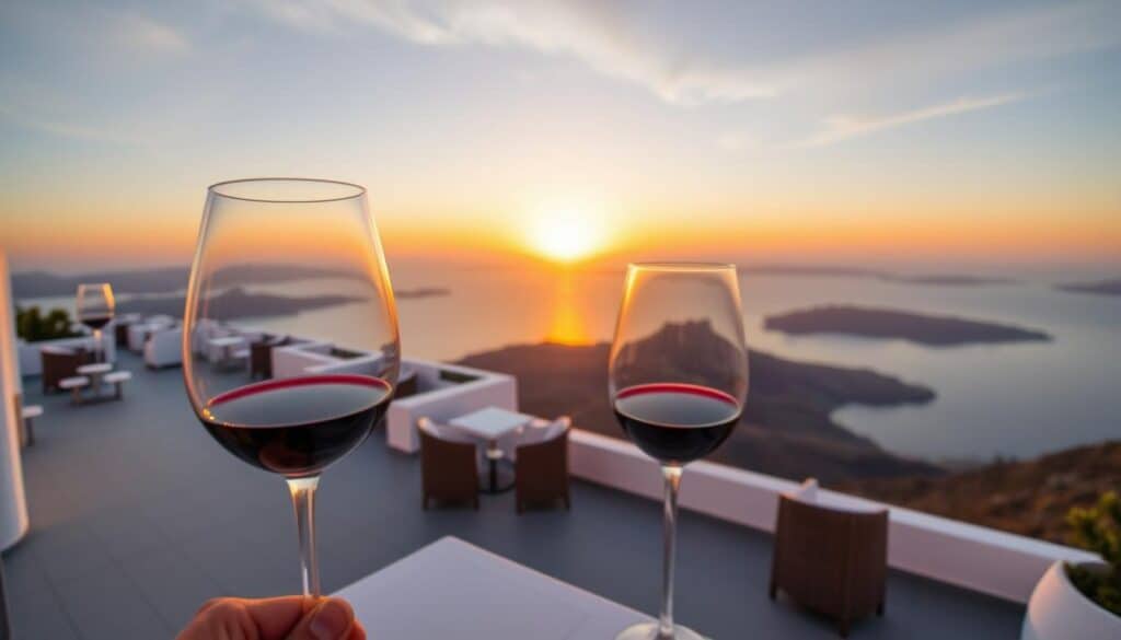 Santo Wines winery terrace overlooking the caldera with wine glasses in the foreground