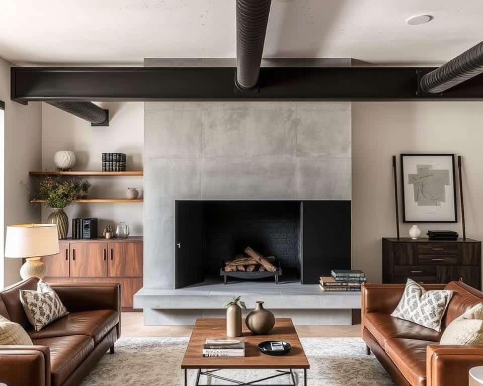 Sleek concrete fireplace in an industrial-style living room with metal accents