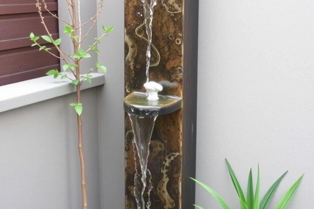 Slim water feature with small fountain in a narrow garden space