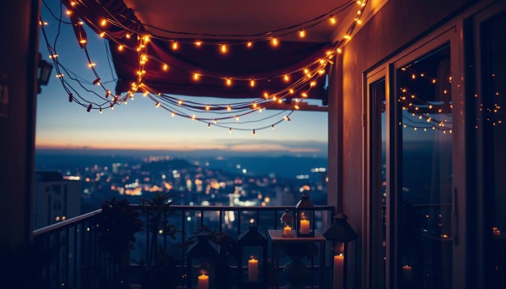 Small apartment balcony at night with string lights and lanterns creating a magical atmosphere