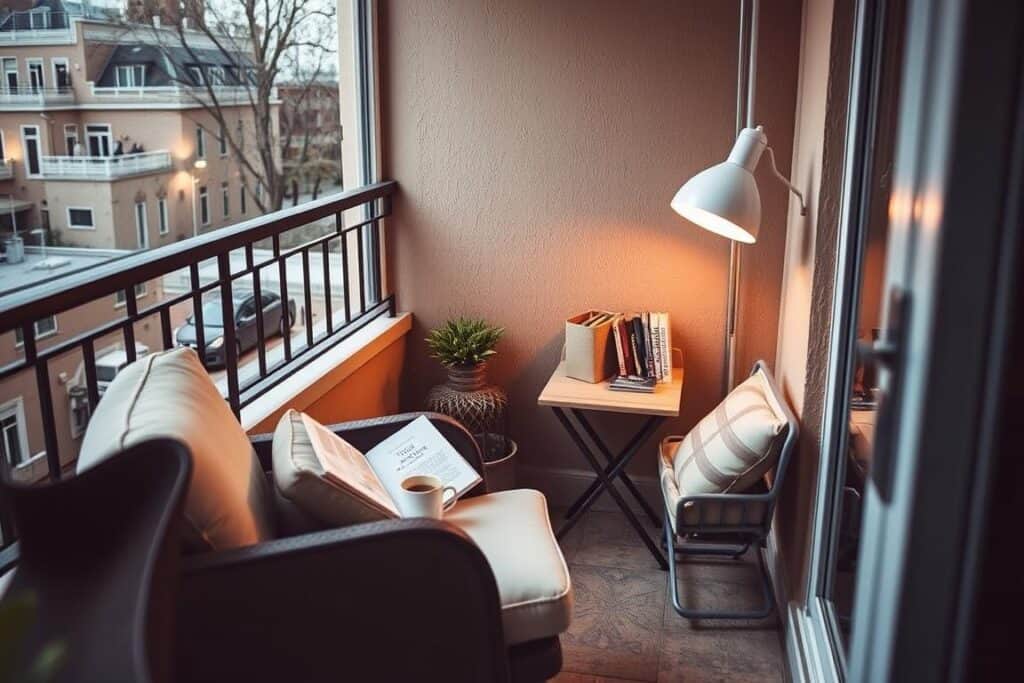 Small apartment balcony set up as a cozy outdoor reading nook with comfortable chair and good lighting