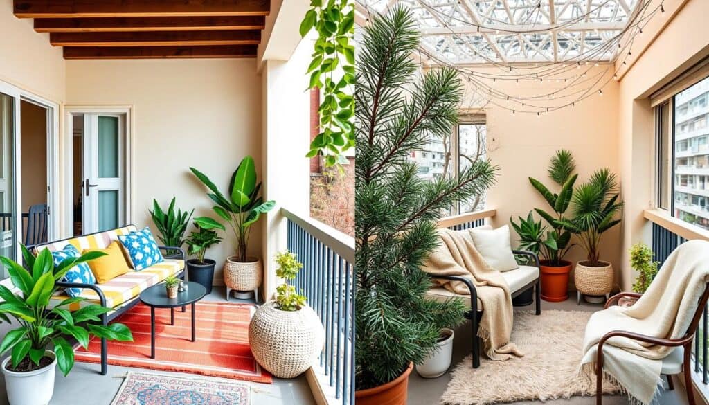 Small apartment balcony showing seasonal decor changes from summer to winter