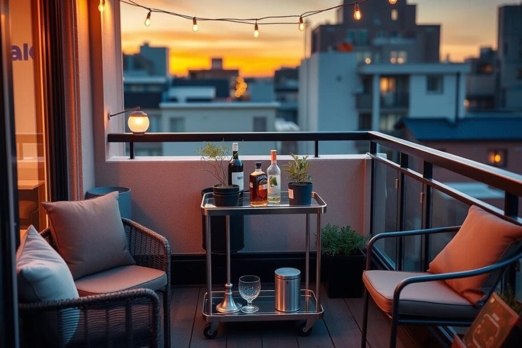 Small apartment balcony with a compact bar setup perfect for evening cocktails