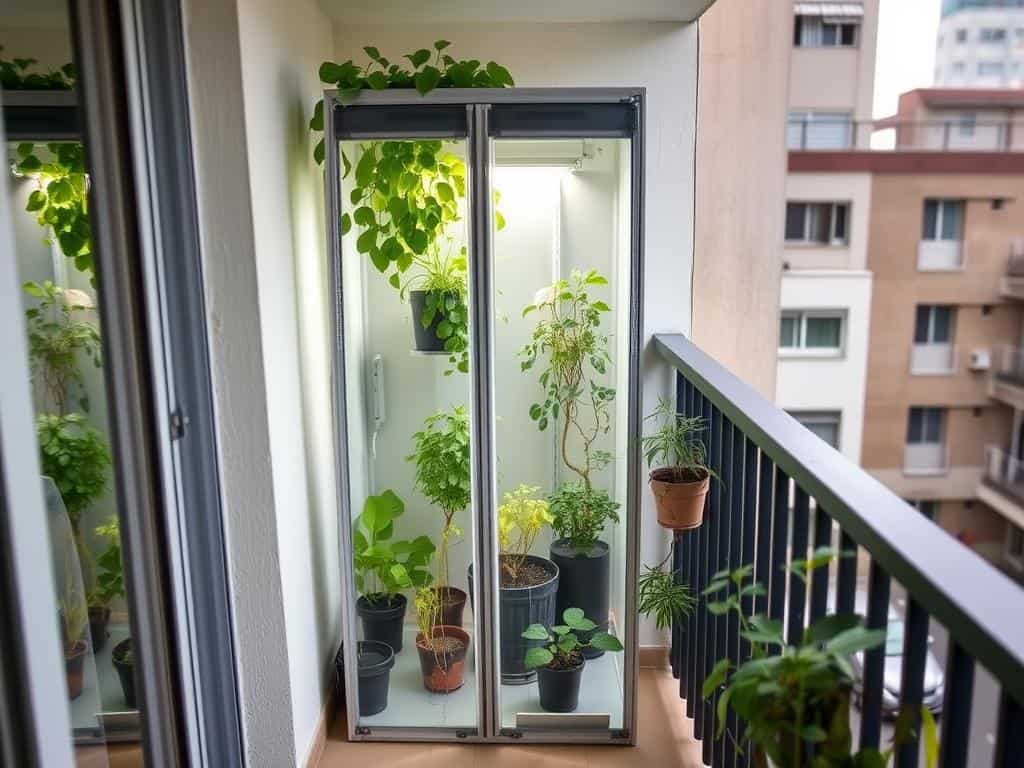 Small apartment balcony with a compact vertical greenhouse for plant enthusiasts